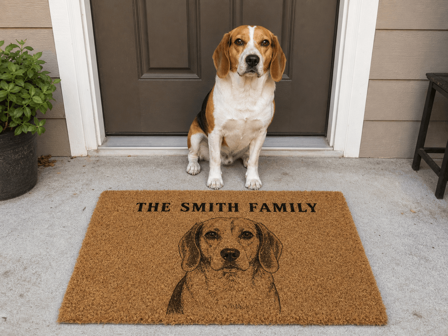 A beagle sitting alone beside its outdoor family doormat