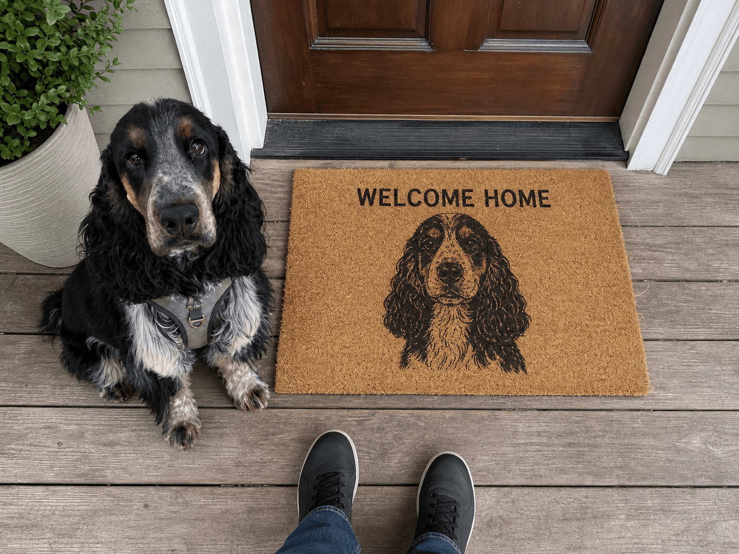 A black and white spaniel sitting beside a custom Welcome Home coir doormat with its portrait