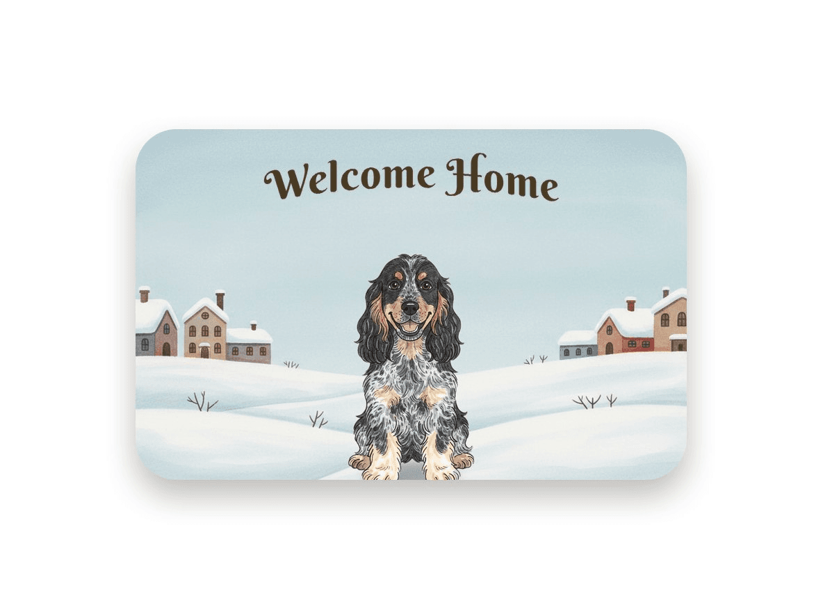 The same dog sitting behind its colorful illustrated indoor mat