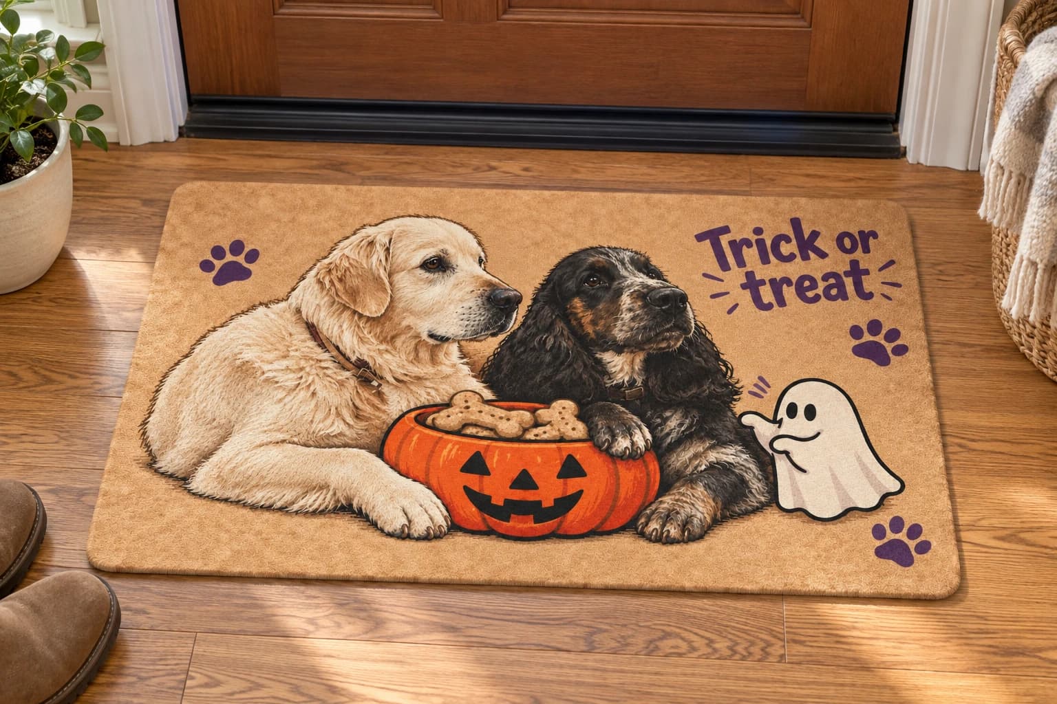 Treat Tax colorful mat on a wooden entryway floor, printed with Guffy and Jameson, a pumpkin treat bowl, a friendly ghost and the words Trick or treat