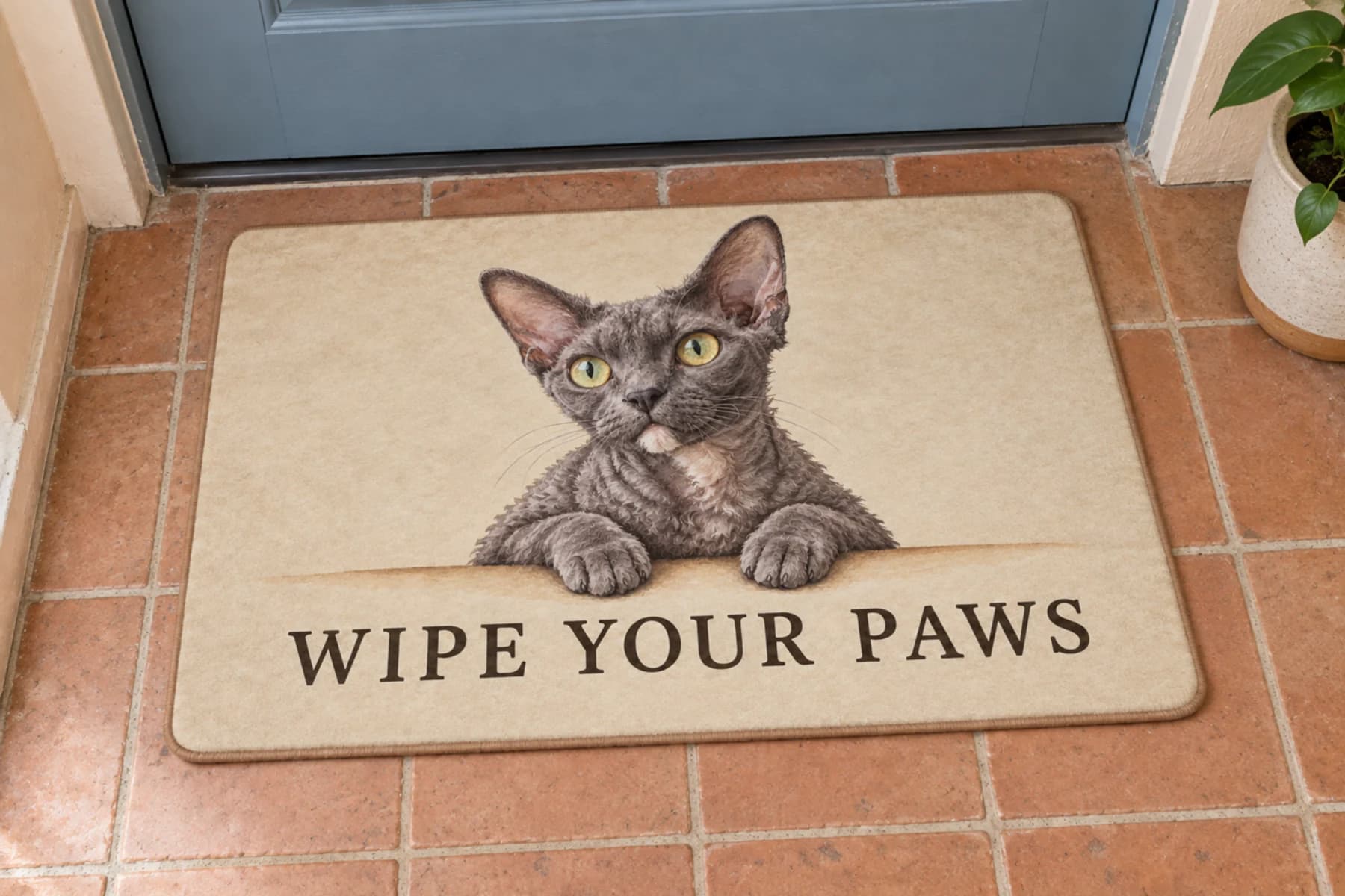 A grey Devon Rex cat on a warm ivory colorful mat with the words WIPE YOUR PAWS