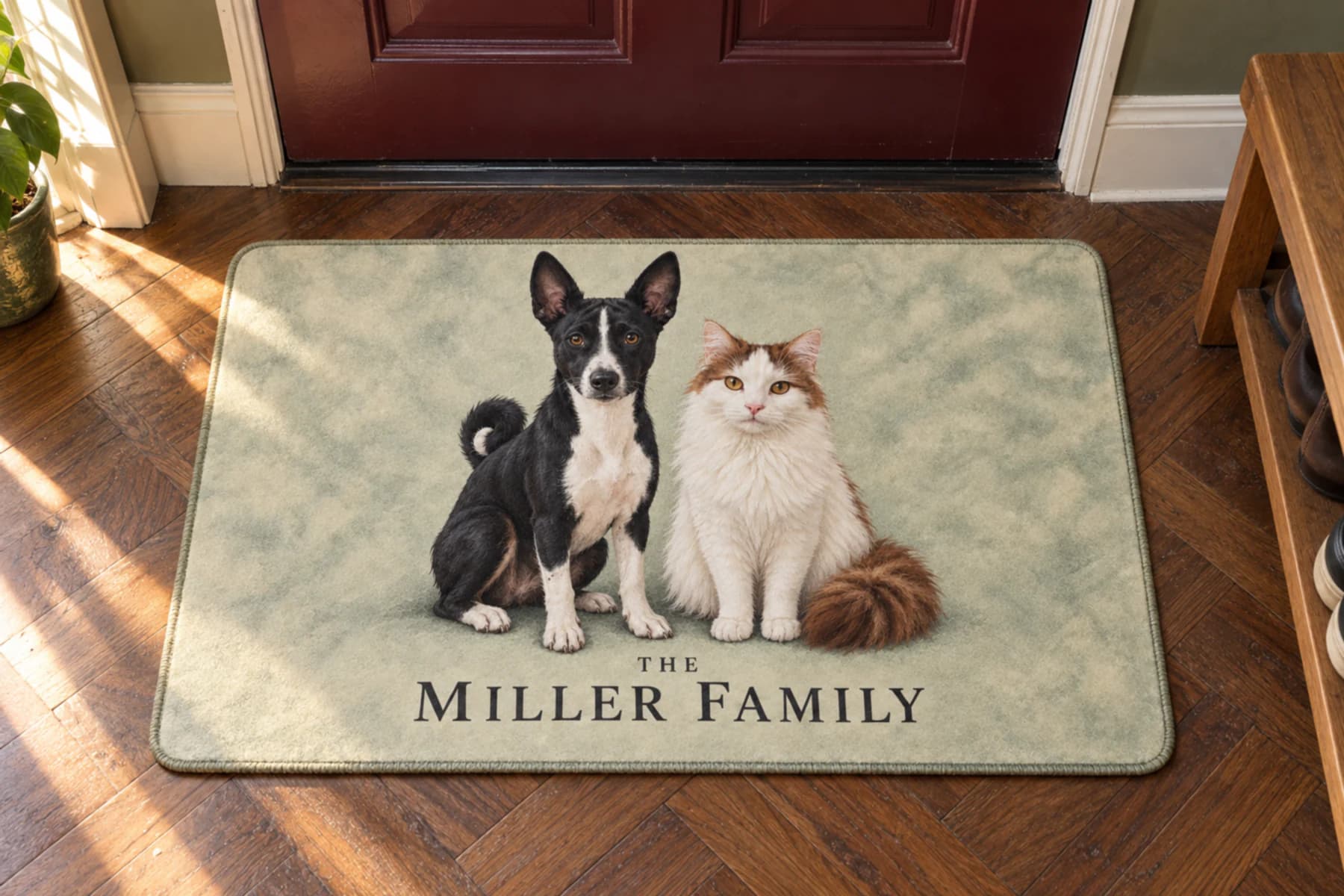 A basenji and a Turkish Van cat on a soft sage Family Portrait colorful mat with the words THE MILLER FAMILY