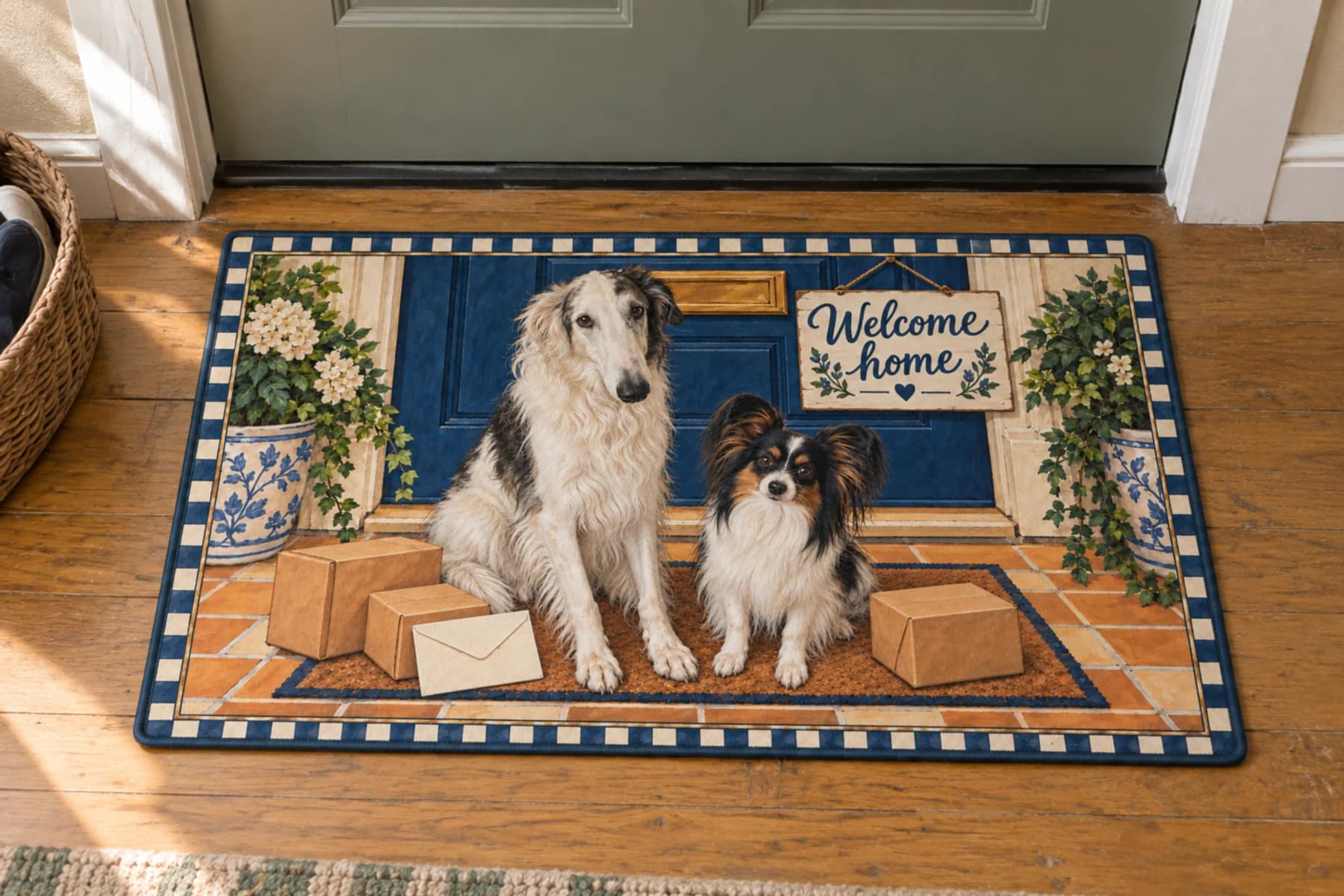 A borzoi and a papillon on the Special Delivery colorful mat with parcels at a blue front door and the words Welcome home