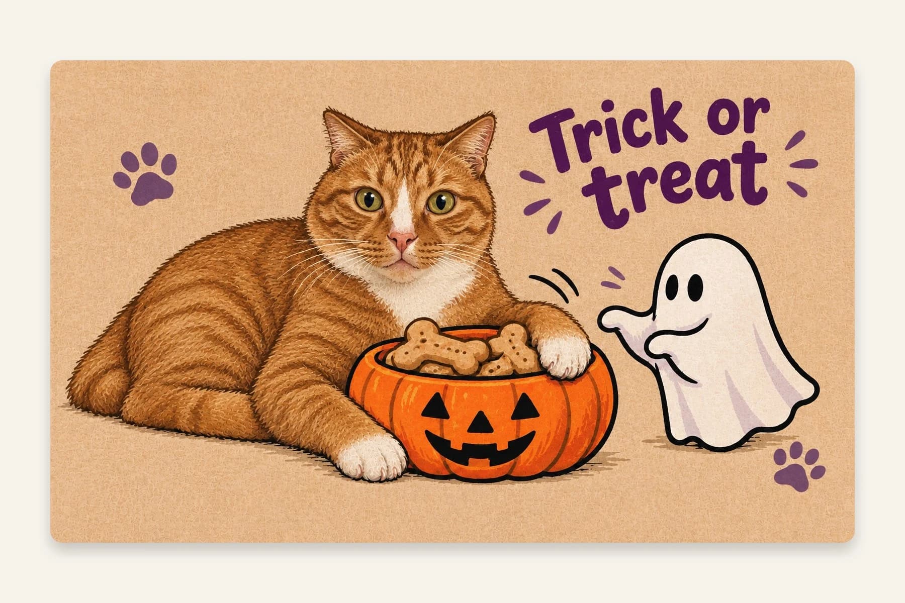 An orange and white cat guarding a pumpkin treat bowl beside a friendly ghost on an colorful mat with the words Trick or treat