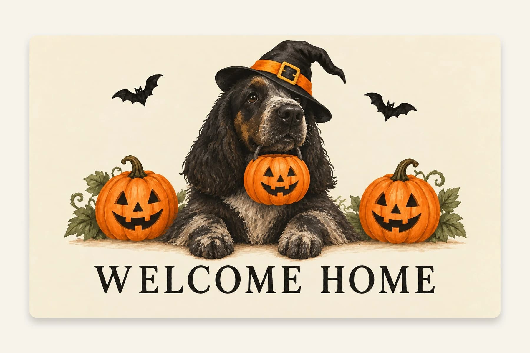 Jameson wearing a witch hat beside pumpkins and bats on an colorful mat with the words WELCOME HOME