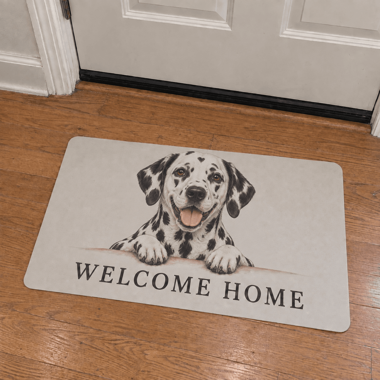 A Dalmatian portrait printed on a cream Welcome Home mat inside a white front door