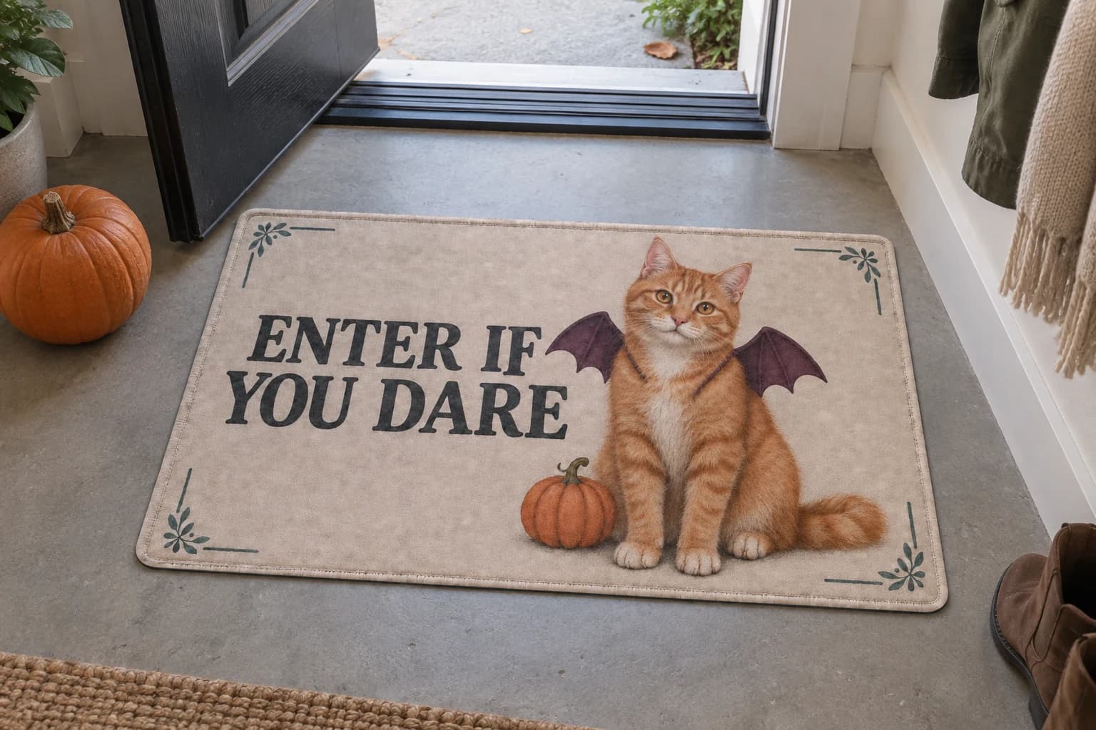 Batty Besties mat on the entryway floor inside the front door