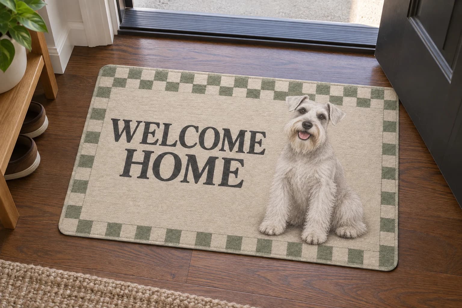 Garden Gingham mat on the entryway floor inside the front door