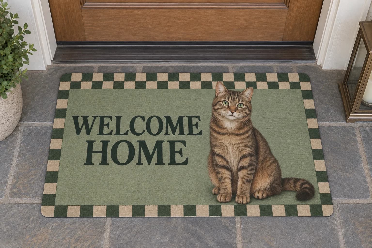 Checker Welcome mat outside a covered front door