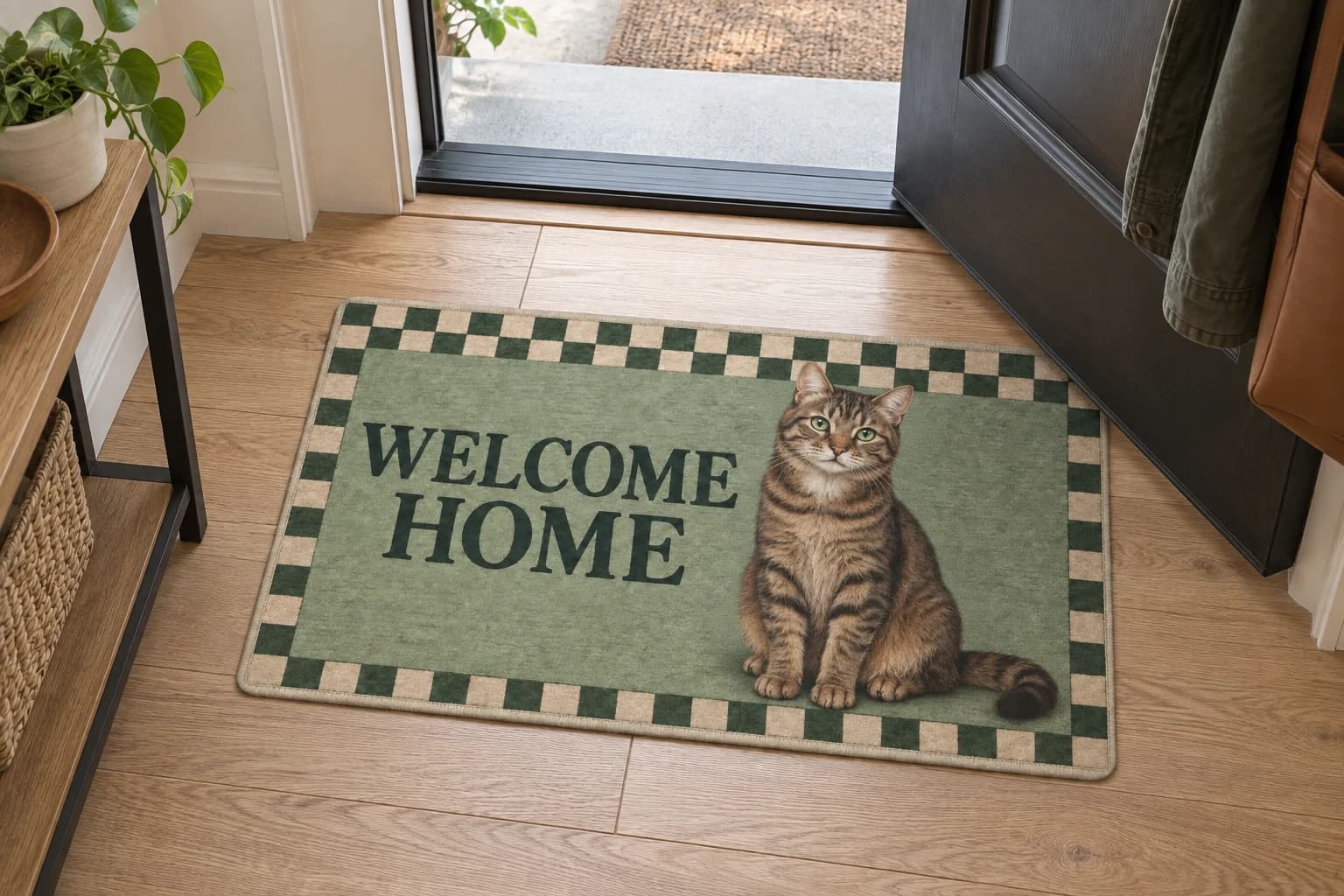 Checker Welcome mat on the entryway floor inside the front door