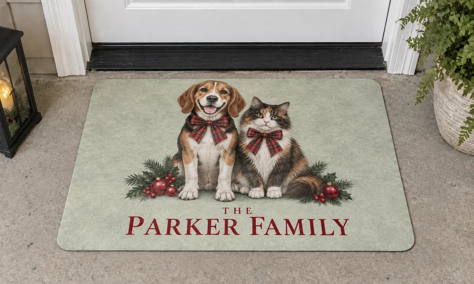 The Christmas Family mat outside a covered front door