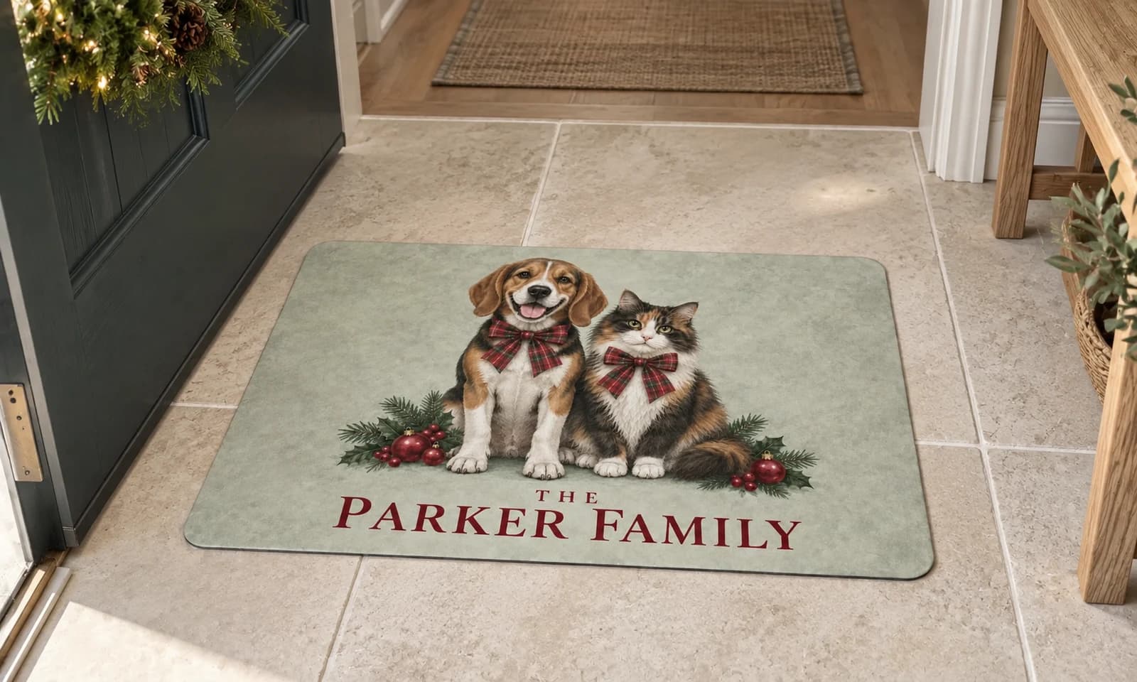 The Christmas Family mat on the entryway floor inside the front door