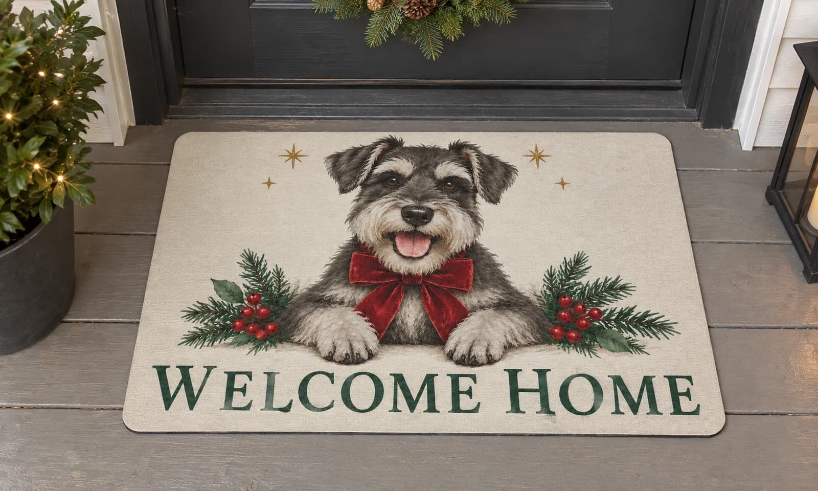 Christmas Welcome Home mat outside a covered front door