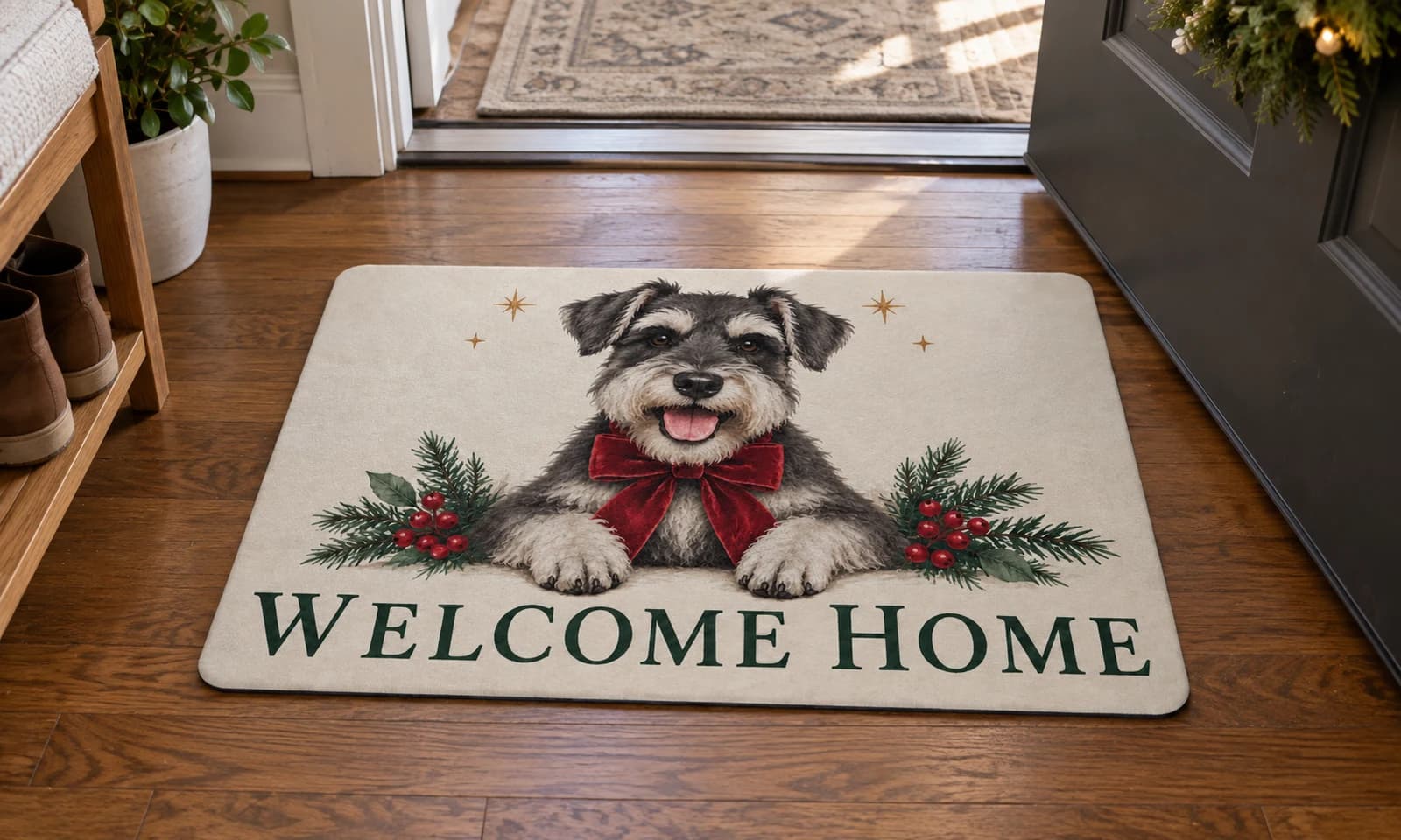 Christmas Welcome Home mat on the entryway floor inside the front door