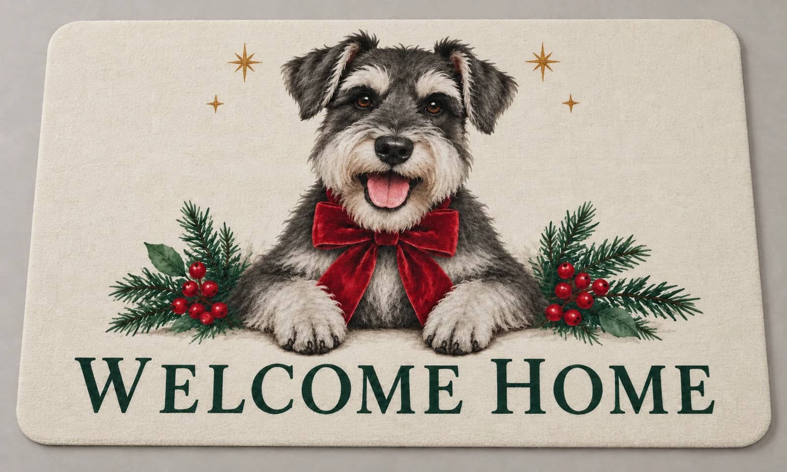 Christmas Welcome Home mat photographed in a studio