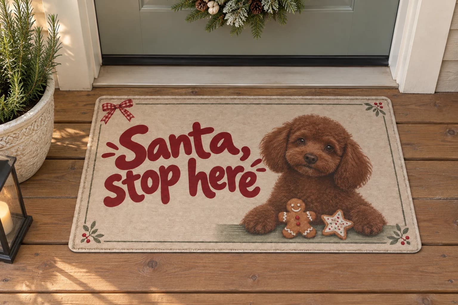 Christmas Cookie Patrol mat outside a covered front door