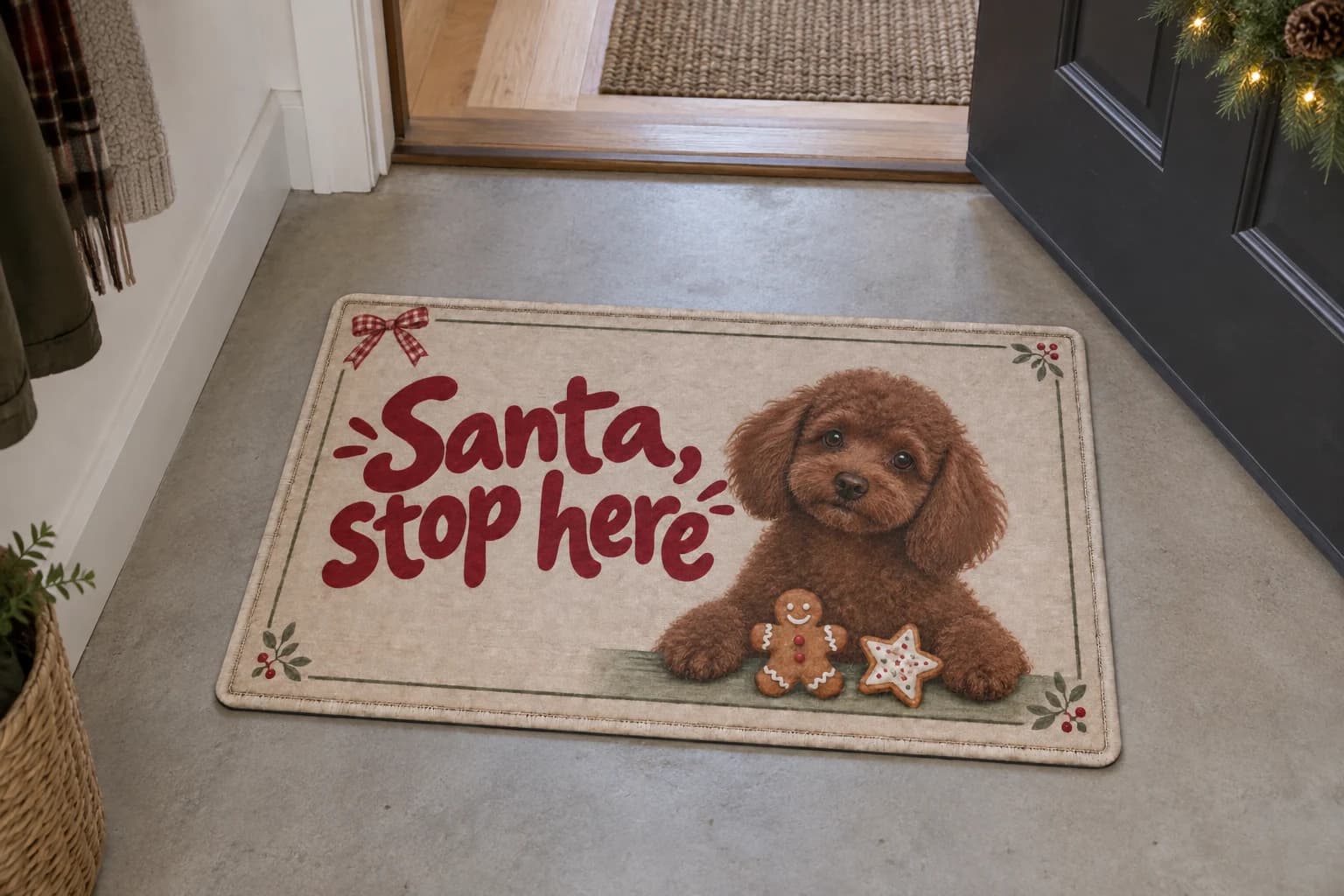 Christmas Cookie Patrol mat on the entryway floor inside the front door