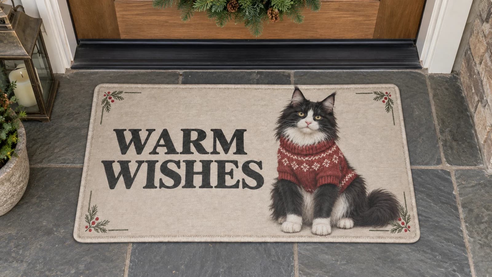 Warm Wishes mat outside a covered front door