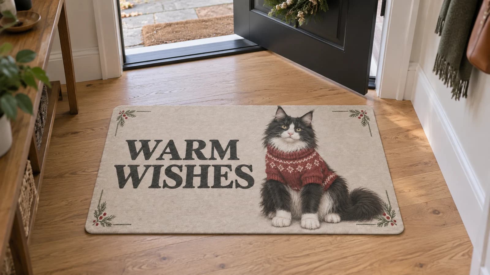 Warm Wishes mat on the entryway floor inside the front door