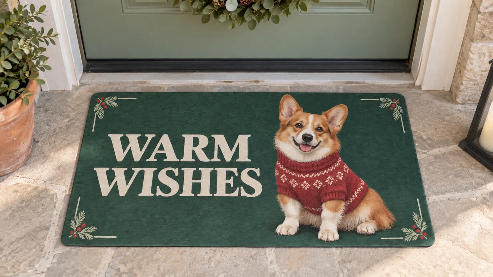 Cozy Knit Club mat outside a covered front door