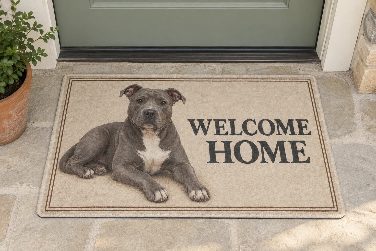 Everyday Stripe mat outside a covered front door
