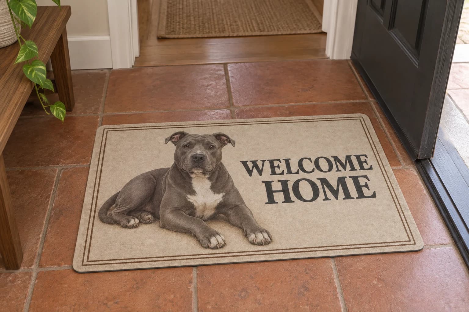 Everyday Stripe mat on the entryway floor inside the front door