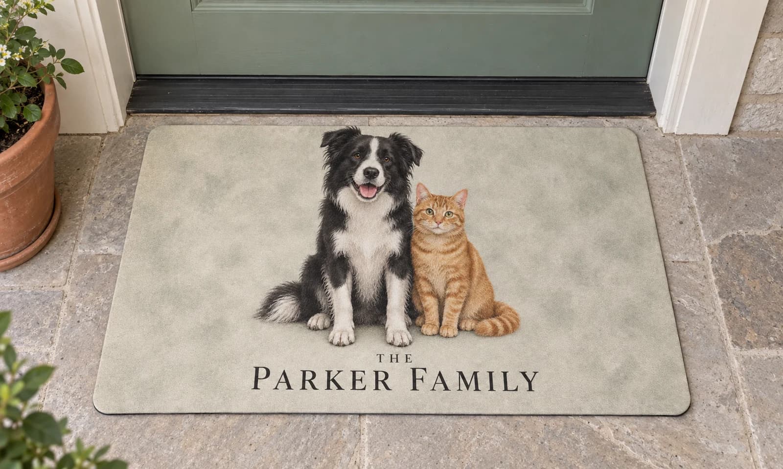 The Family Portrait mat outside a covered front door