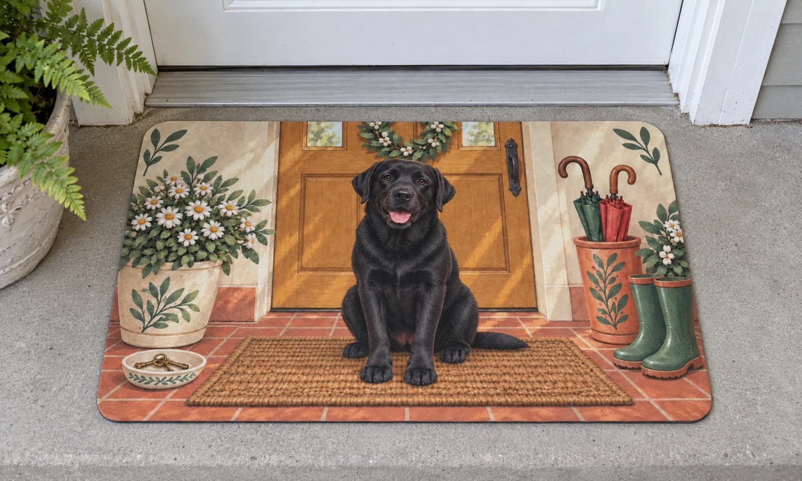 The Welcome Committee mat outside a covered front door