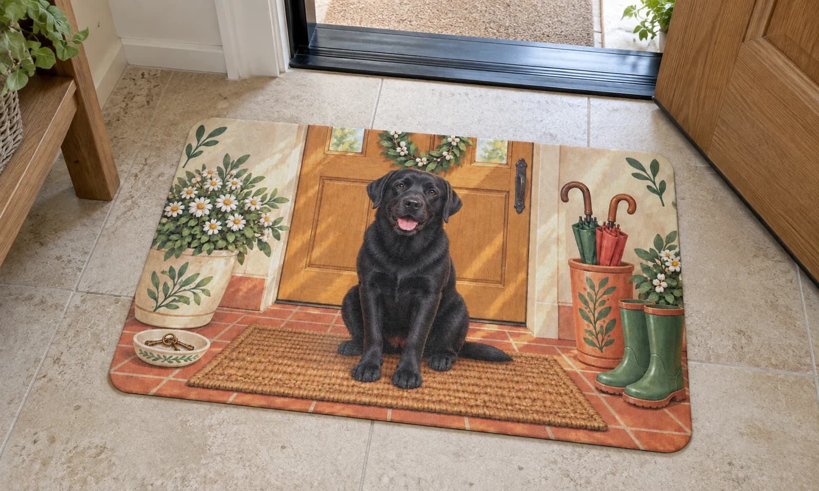The Welcome Committee mat on the entryway floor inside the front door