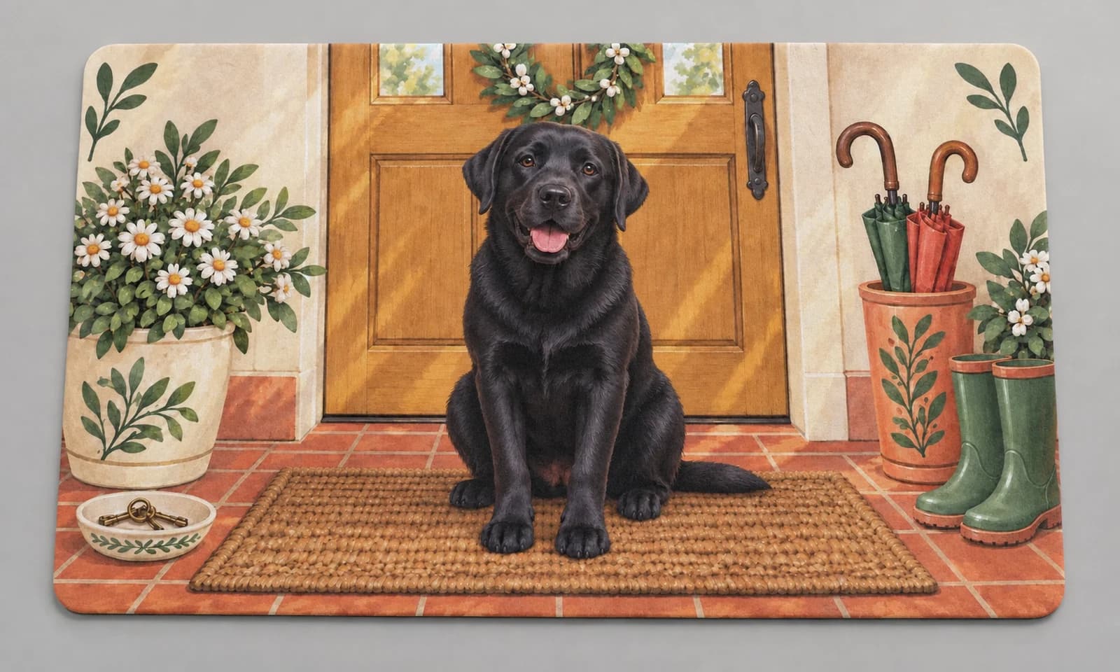 The Welcome Committee mat photographed in a studio