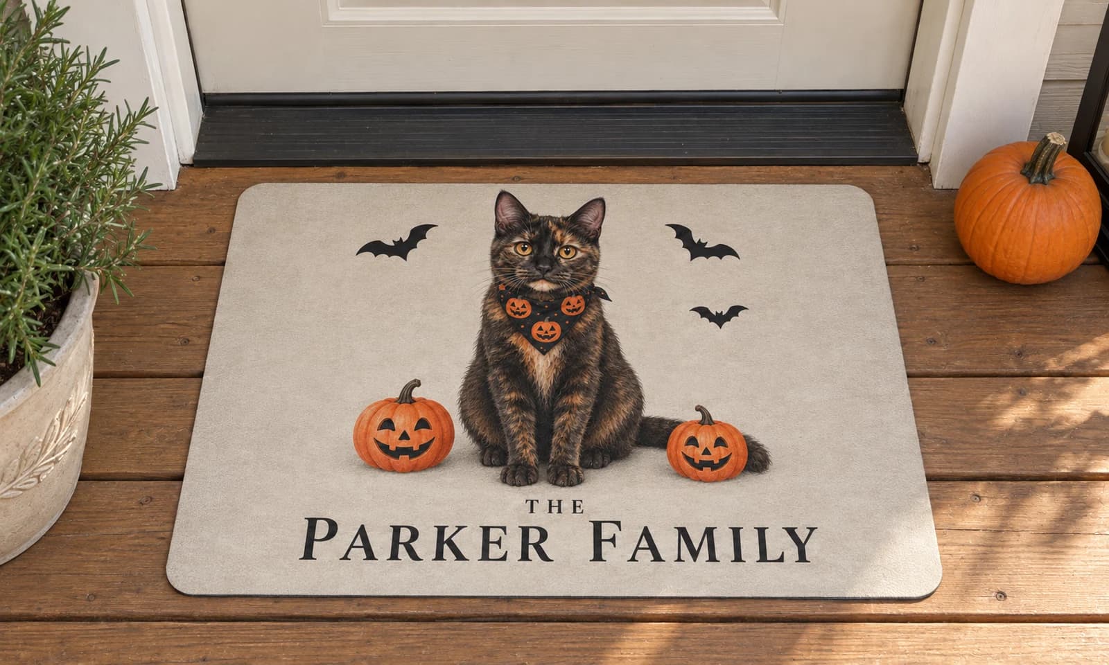 The Halloween Family mat outside a covered front door