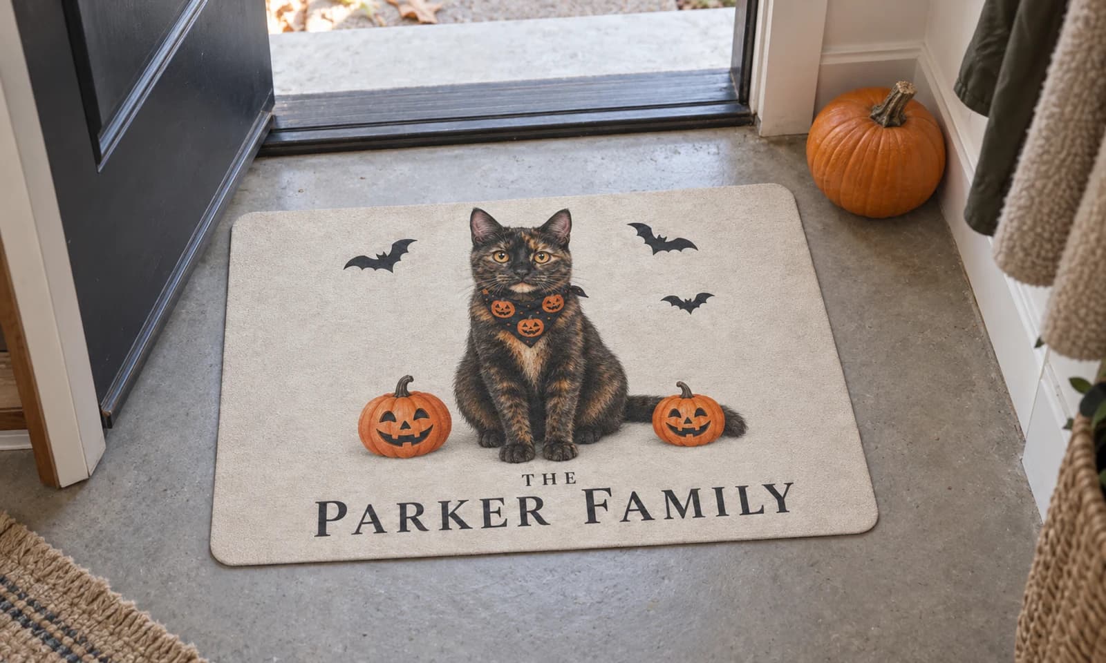 The Halloween Family mat on the entryway floor inside the front door