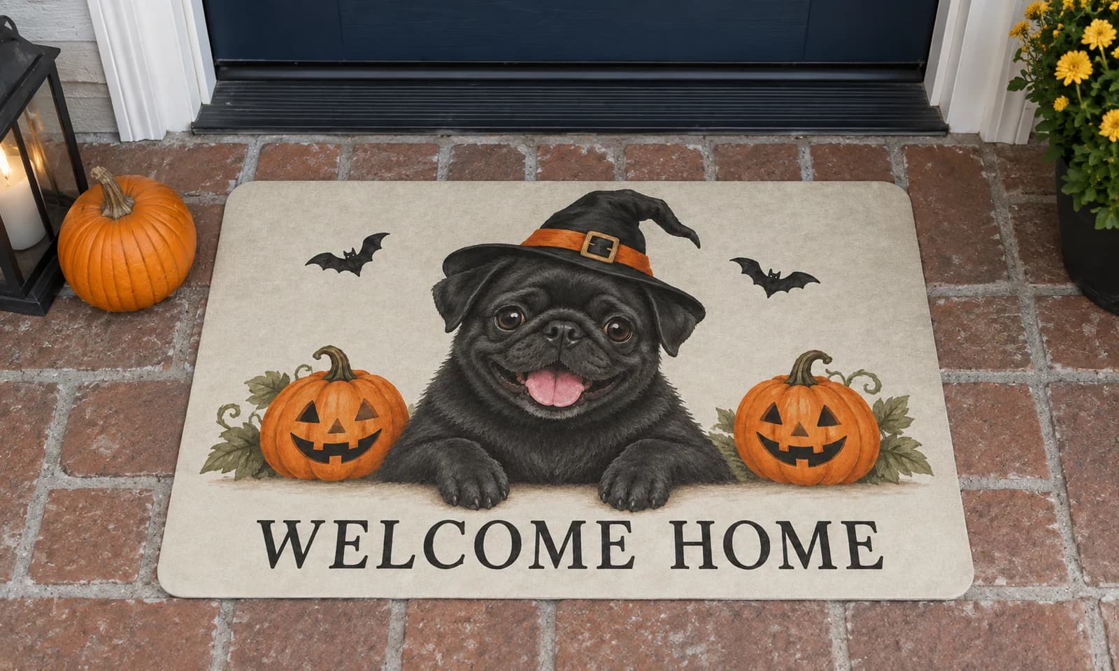 Halloween Welcome Home mat outside a covered front door