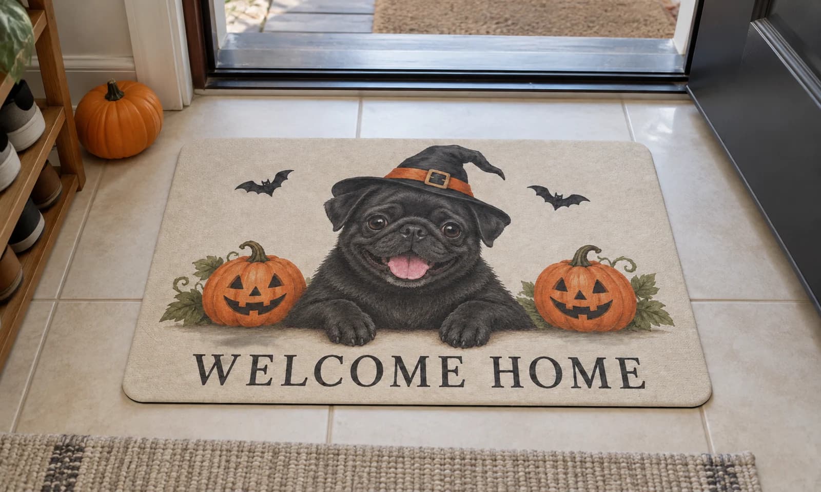 Halloween Welcome Home mat on the entryway floor inside the front door