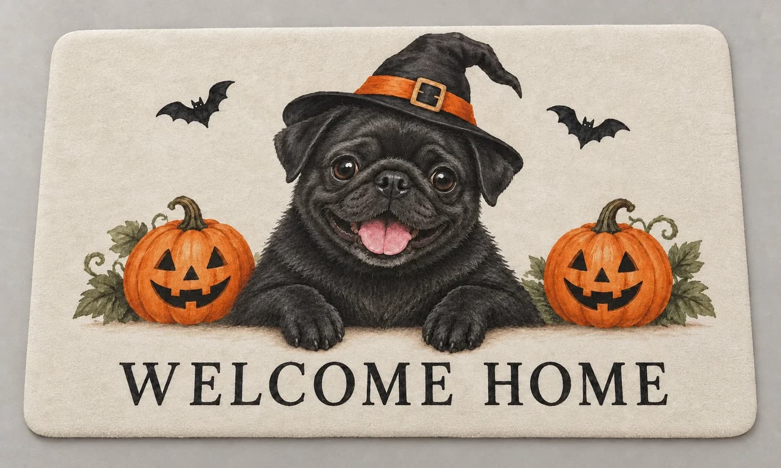Halloween Welcome Home mat photographed in a studio