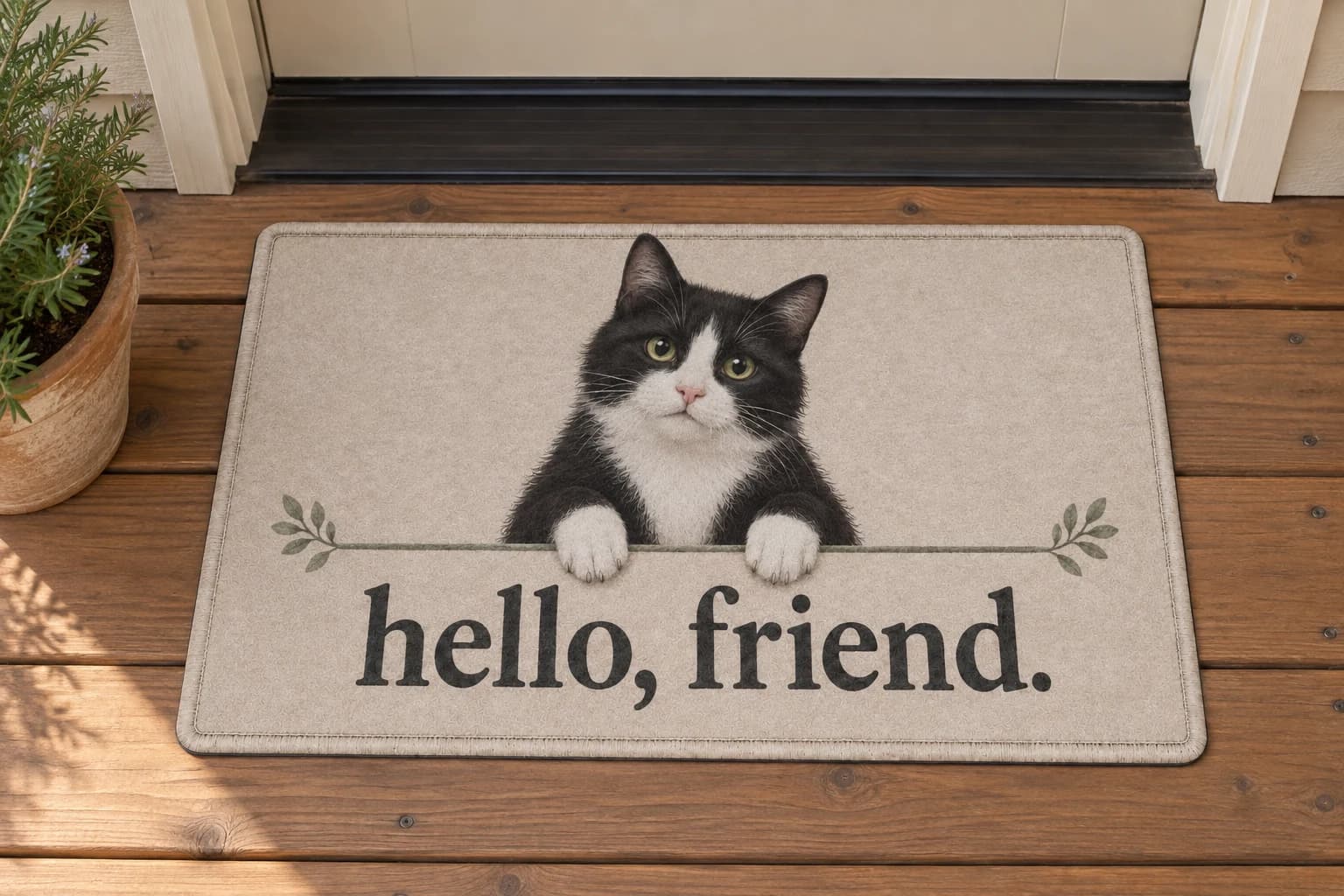 Hello, Friend mat outside a covered front door