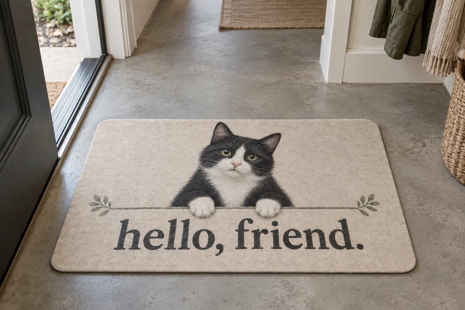 Hello, Friend mat on the entryway floor inside the front door