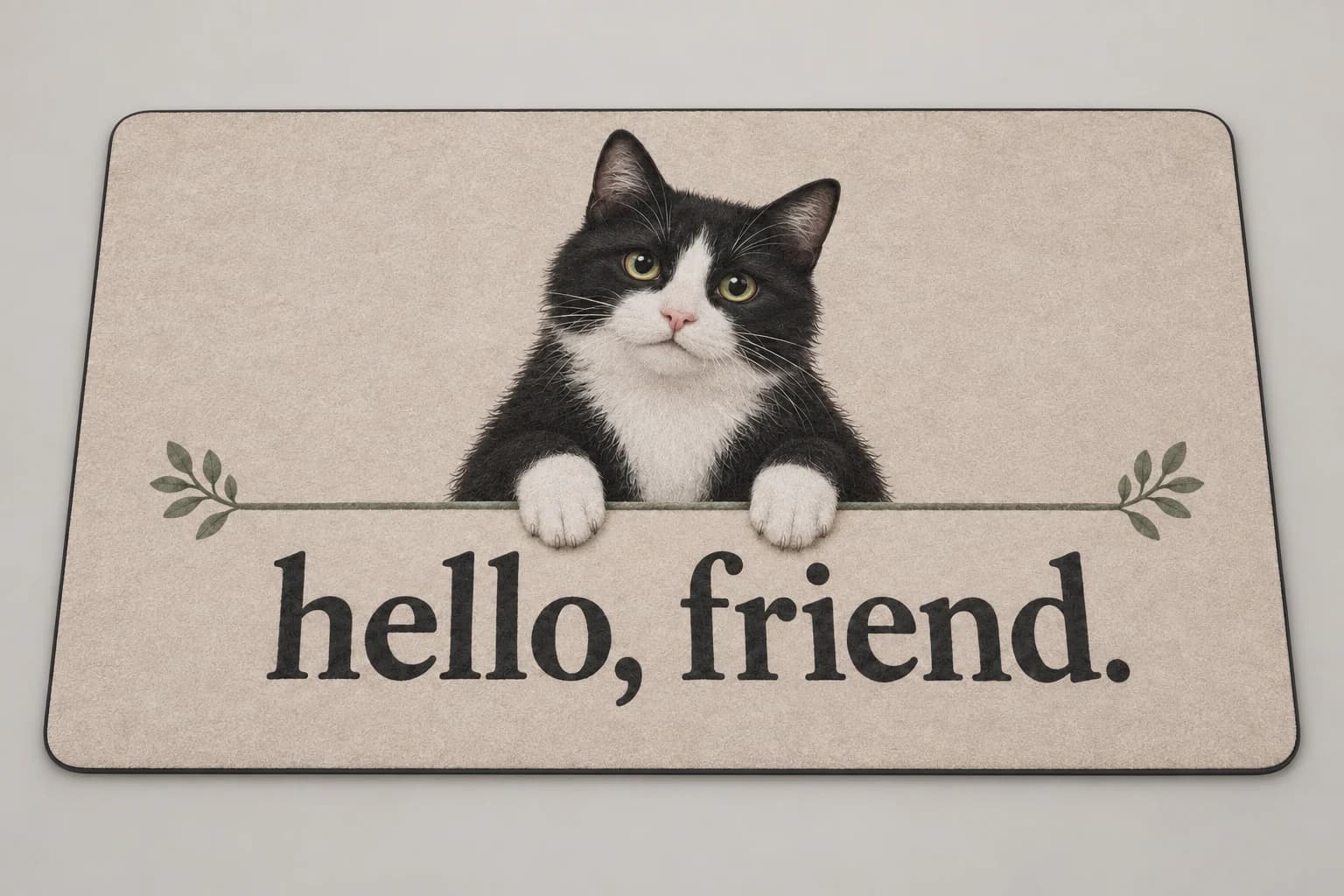 Hello, Friend mat photographed in a studio