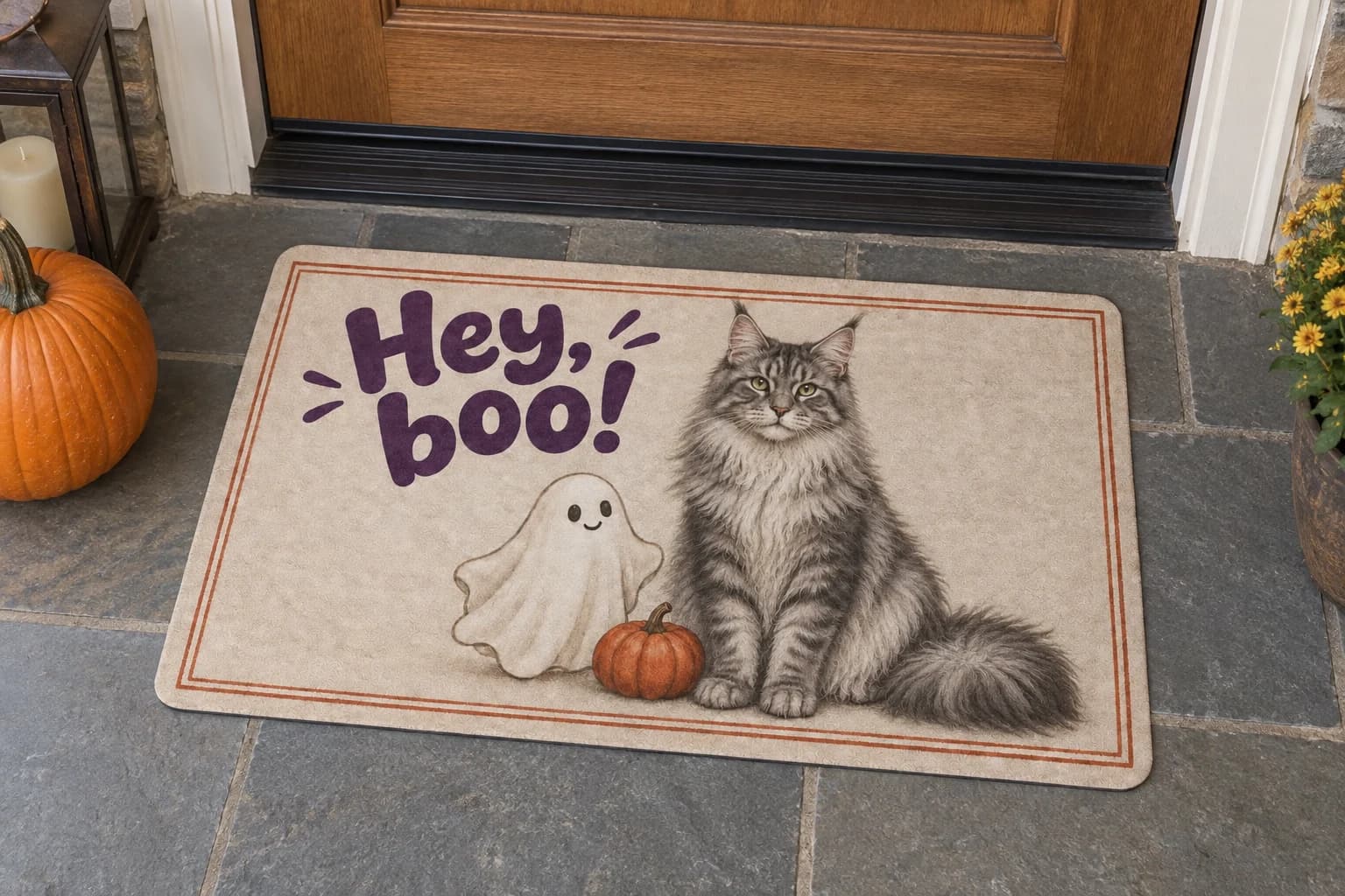 Little Ghost mat outside a covered front door