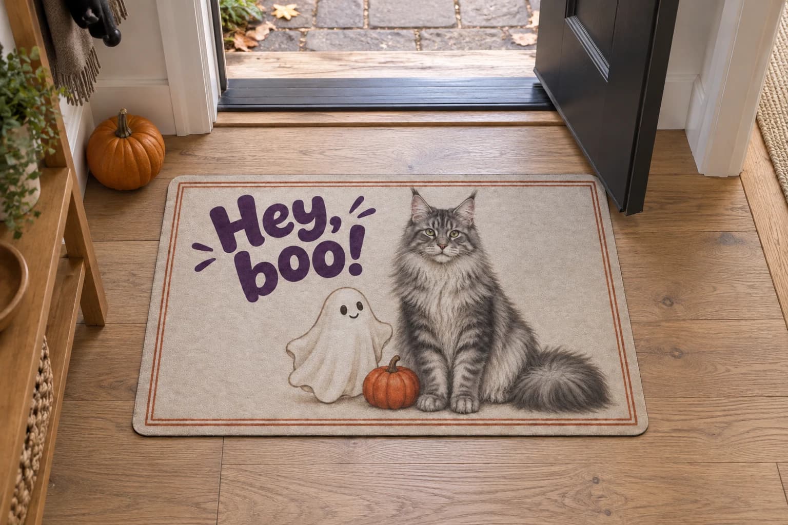 Little Ghost mat on the entryway floor inside the front door