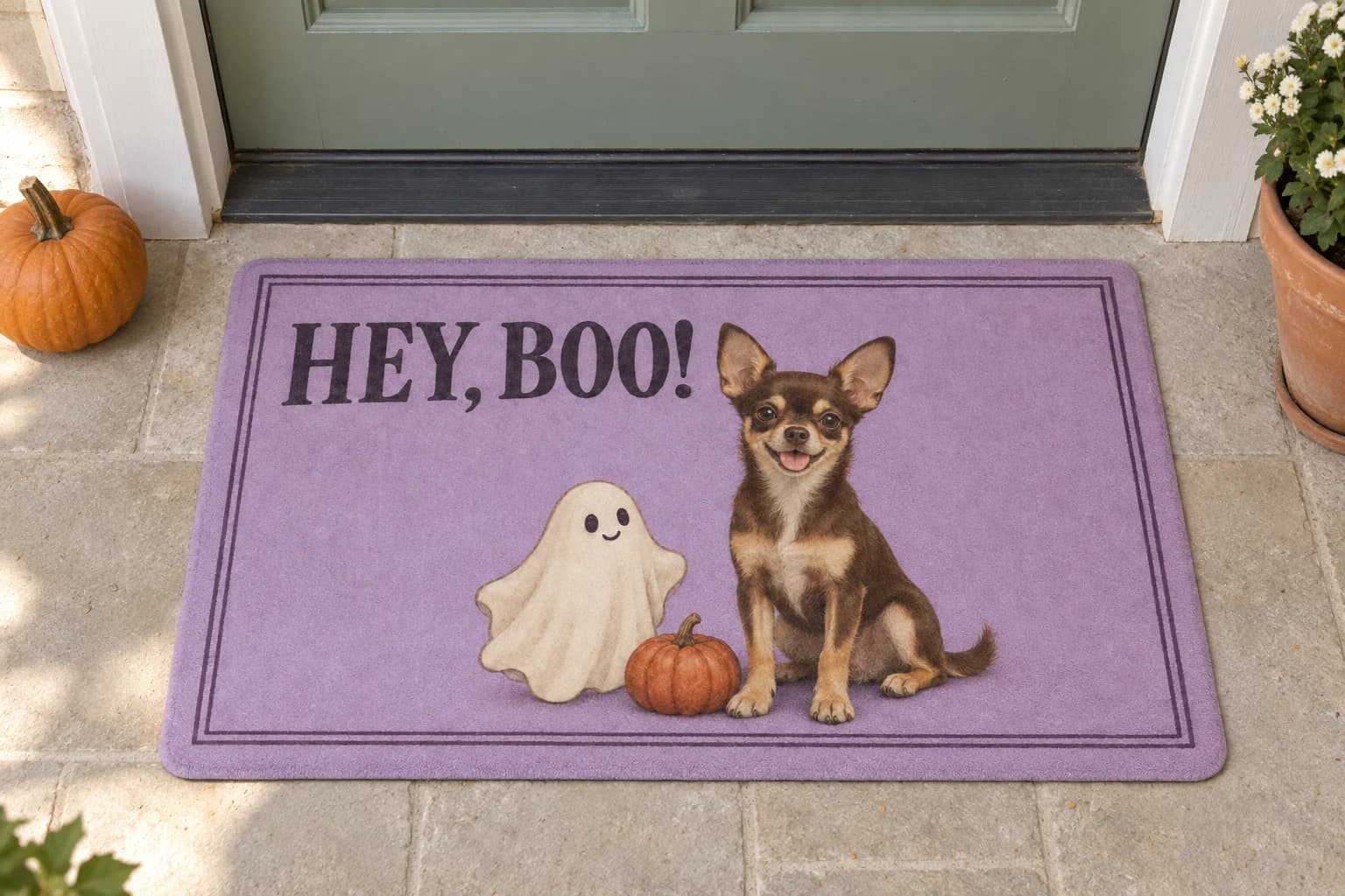 Hey, Boo! mat outside a covered front door
