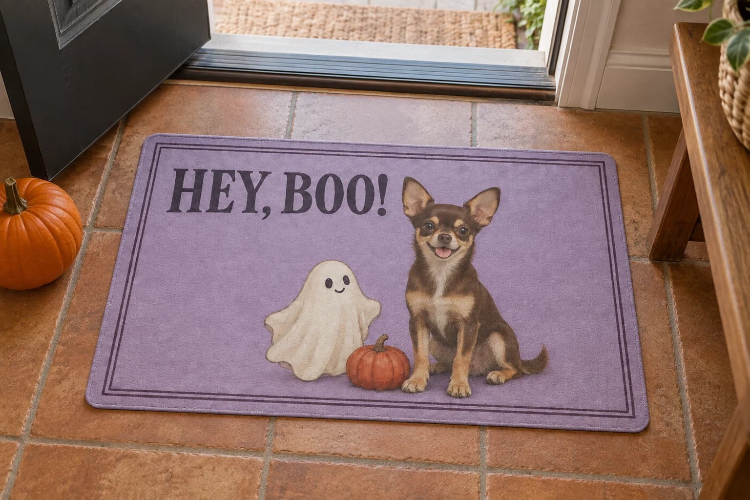 Hey, Boo! mat on the entryway floor inside the front door