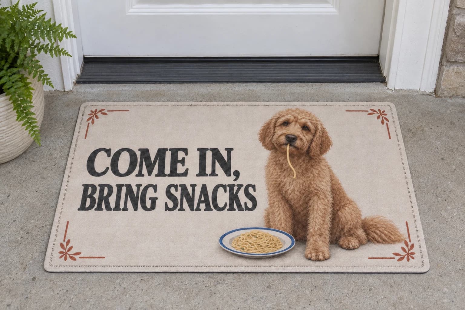 The Noodle Thief mat outside a covered front door