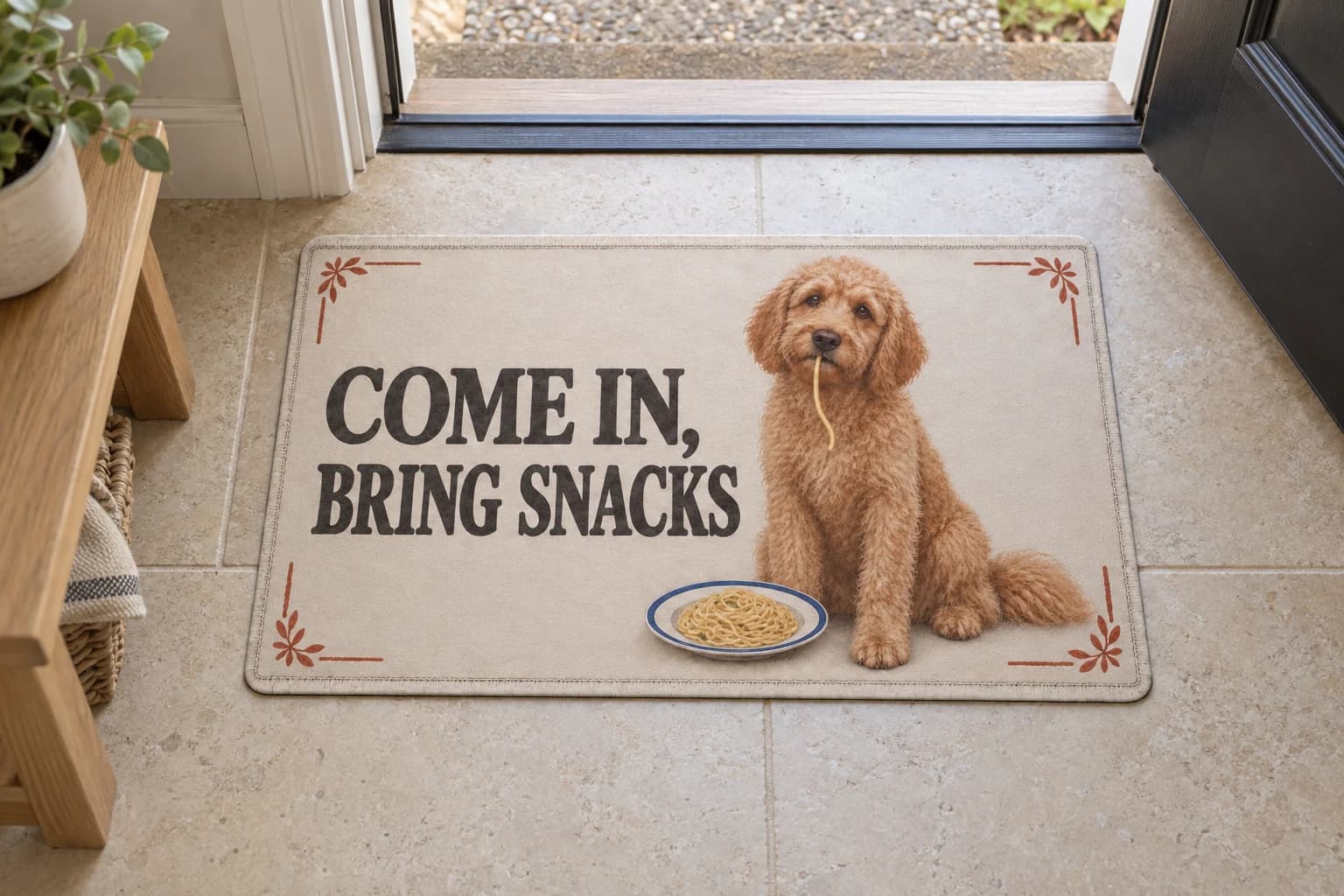 The Noodle Thief mat on the entryway floor inside the front door
