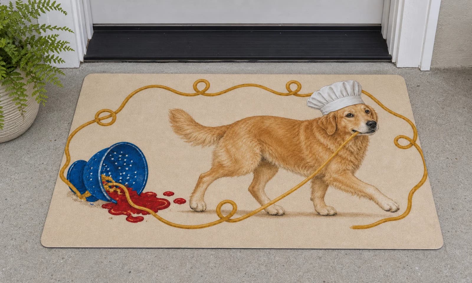 The Pasta Chef mat outside a covered front door