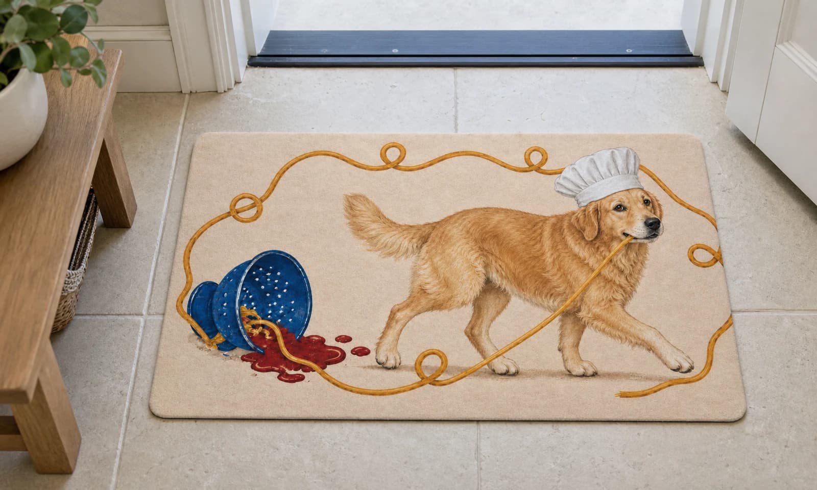 The Pasta Chef mat on the entryway floor inside the front door