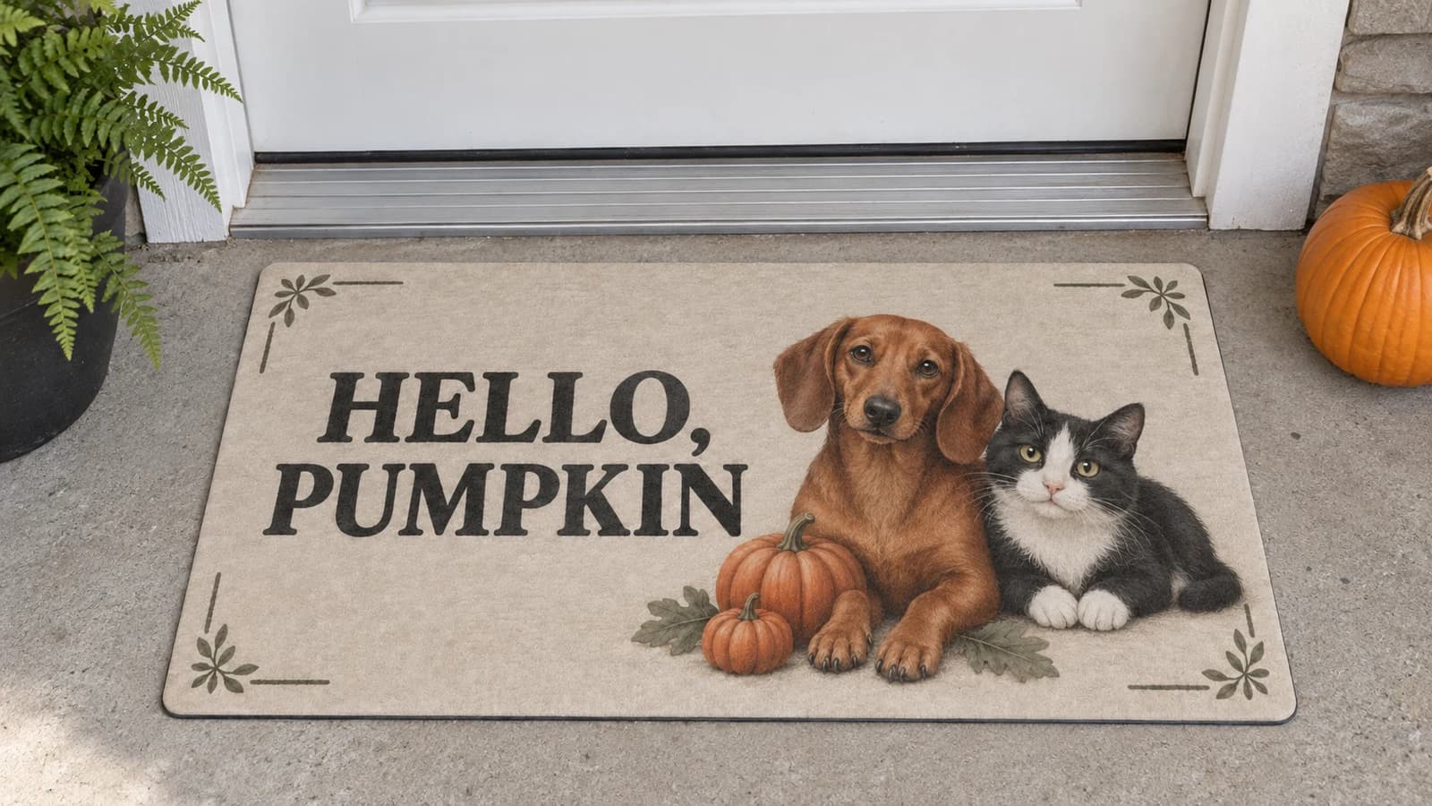 Hello, Pumpkin mat outside a covered front door