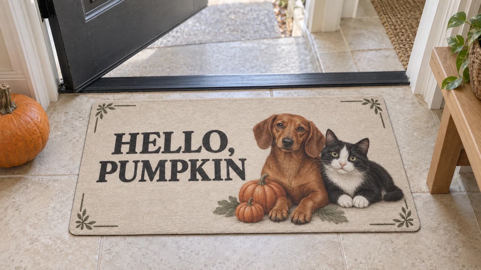 Hello, Pumpkin mat on the entryway floor inside the front door