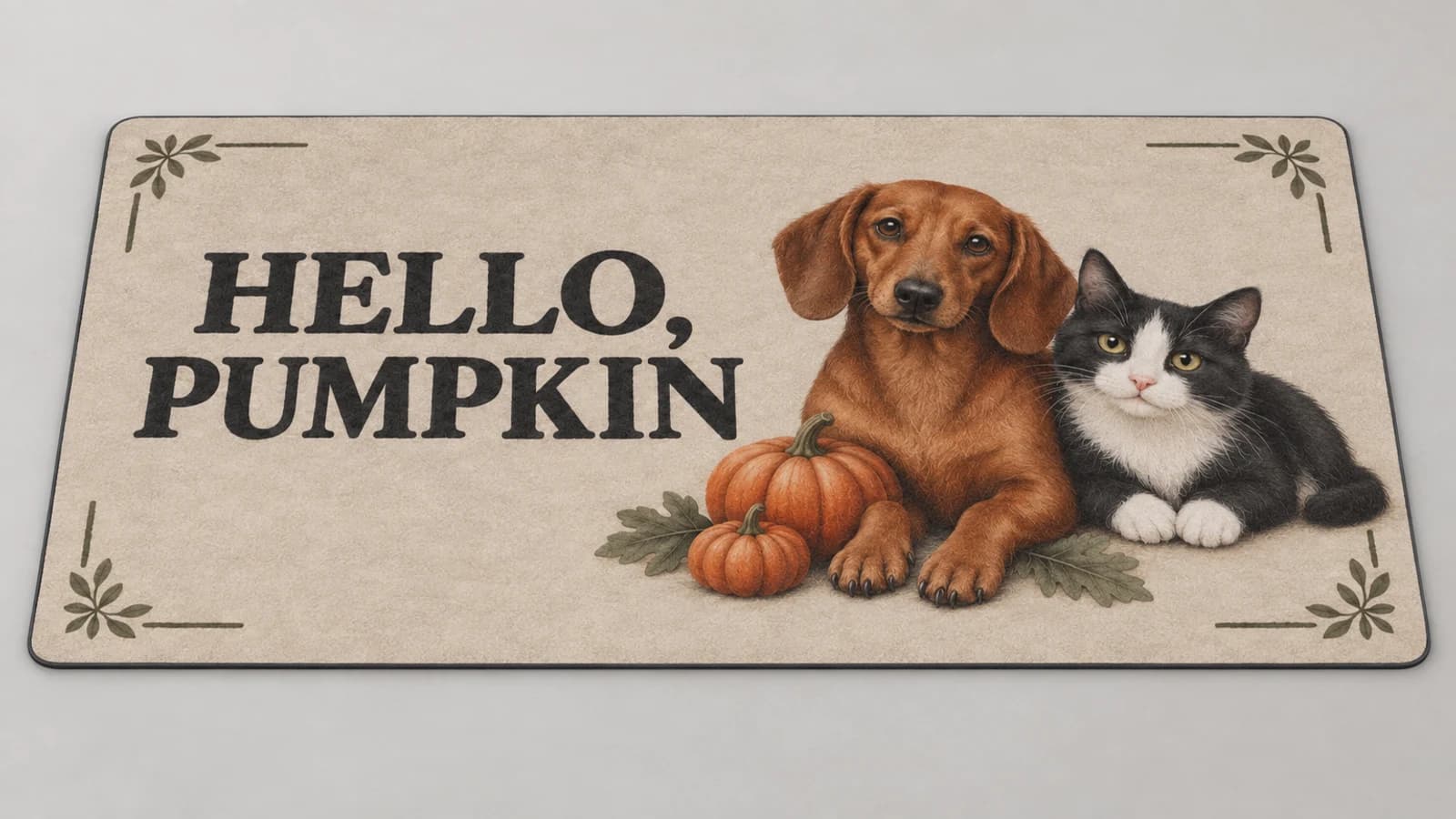 Hello, Pumpkin mat photographed in a studio