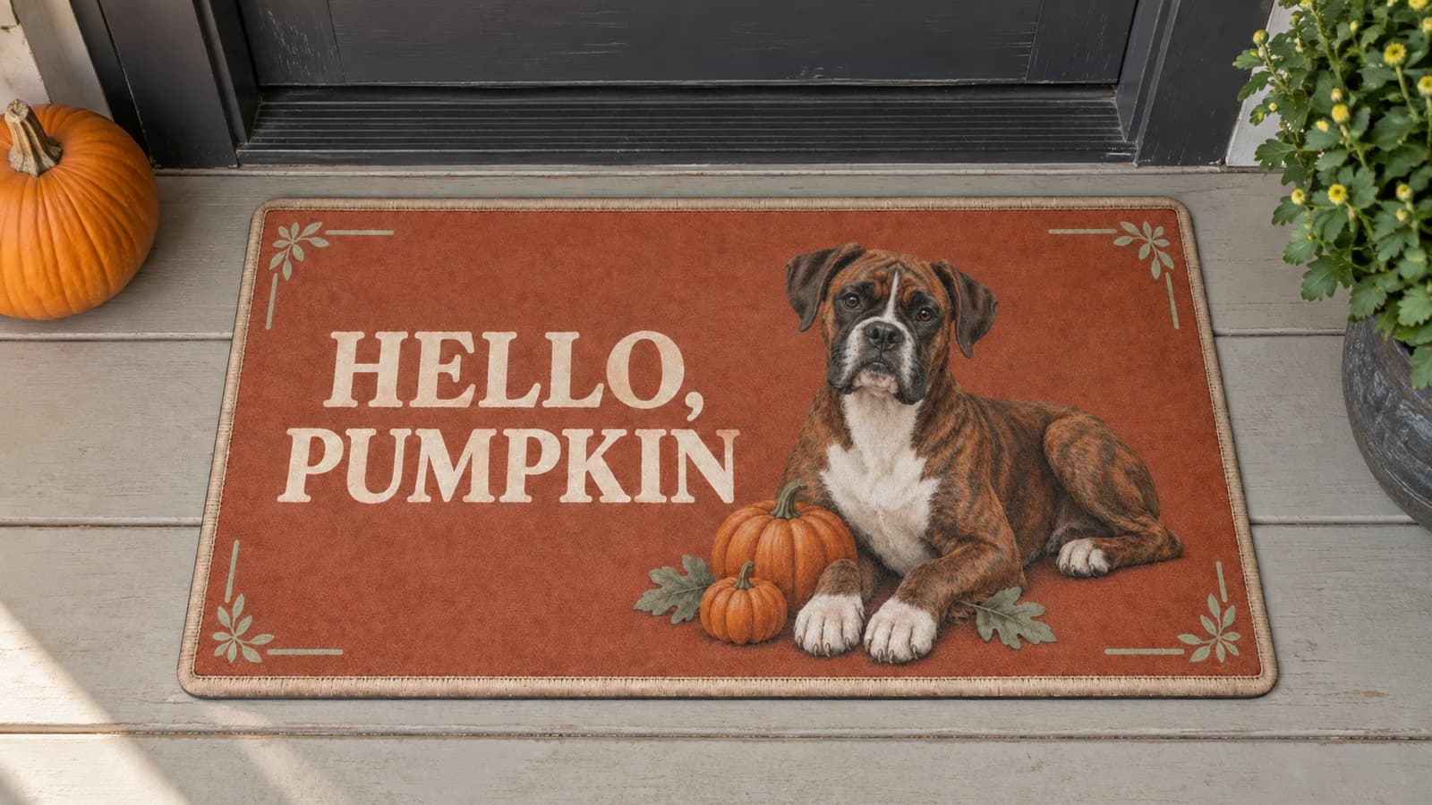 Pumpkin Patch mat outside a covered front door